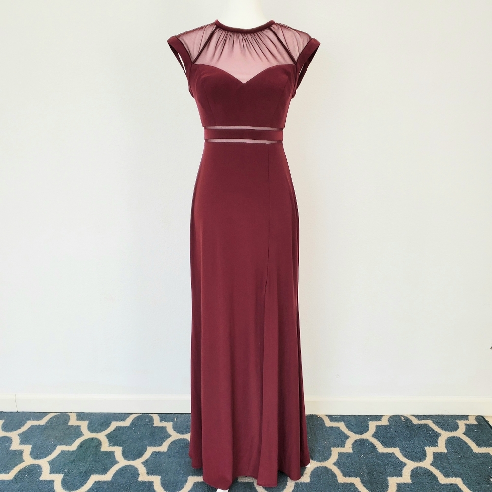 NIGHTWAY Merlot Illusion-Neckline Empire Gown